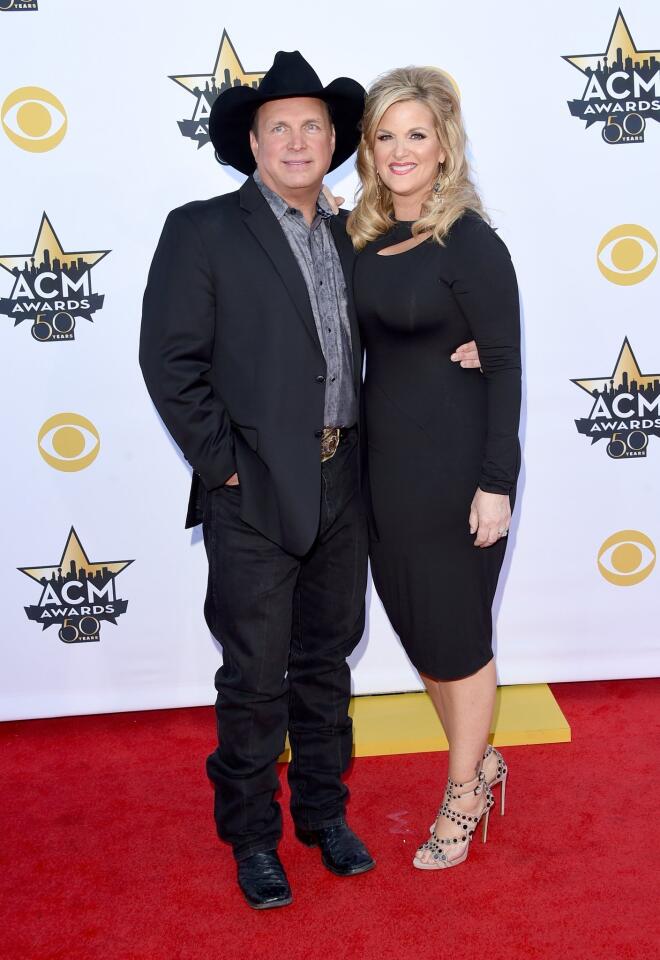 Honoree Garth Brooks and singer Trisha Yearwood attend the 50th Academy of Country Music Awards at AT&T Stadium in Arlington, Texas.