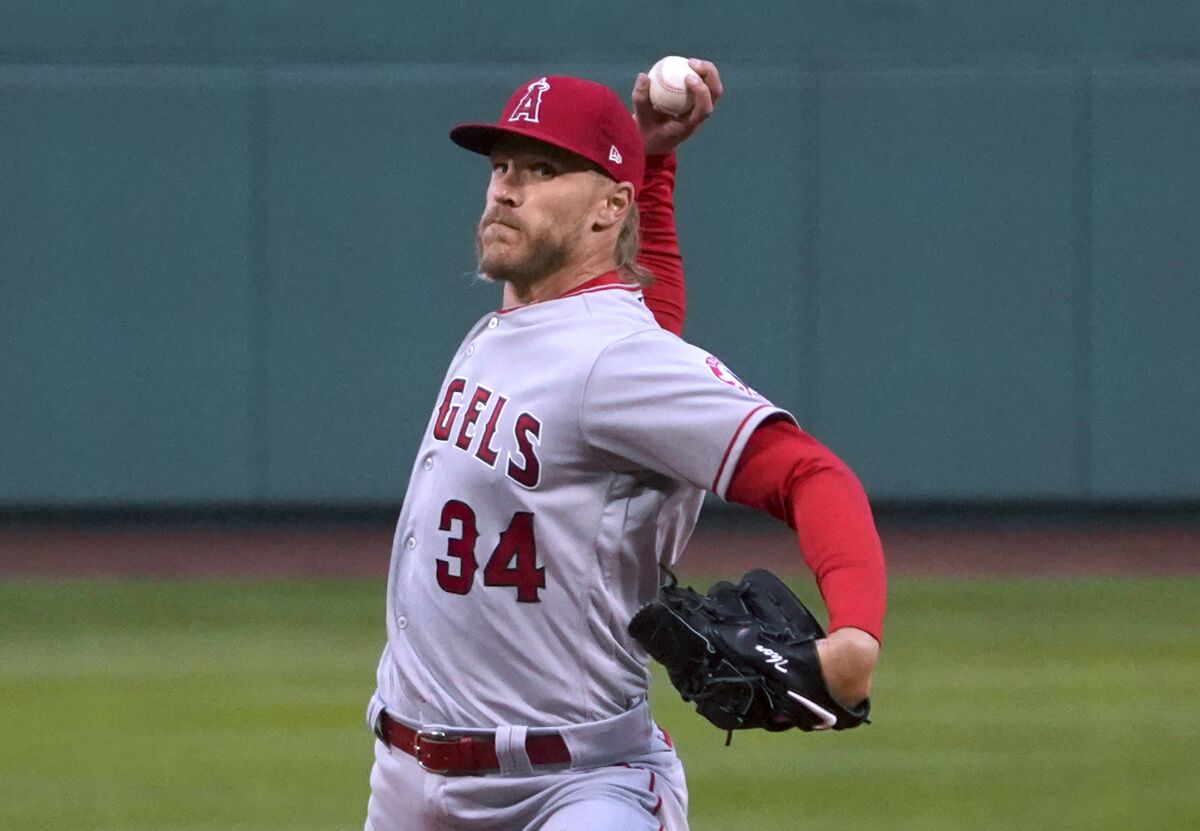 Angels pitcher Noah Syndergaard throws during the first inning against the Boston Red Sox.