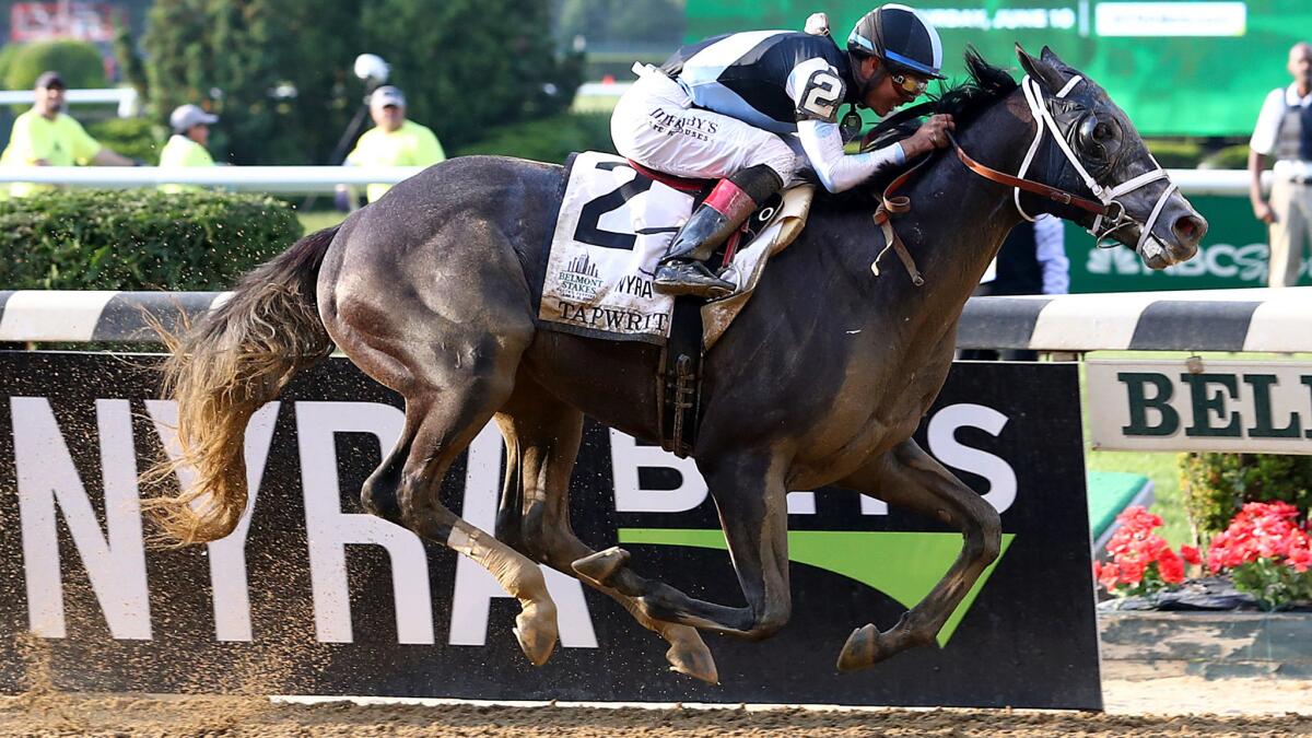 Jockey Jose Ortiz guides Tapwrit to victory in the 149th running of the Belmont Stakes on Saturday.