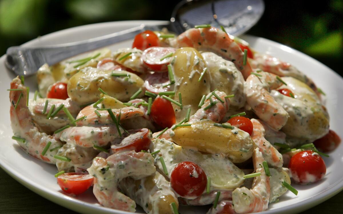 Potato and shrimp salad with green goddess dressing