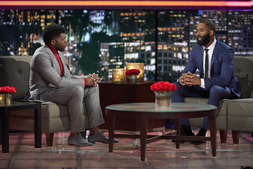 Host Emmanuel Acho with "Bachelor" Matt James on the "After the Final Rose" special.