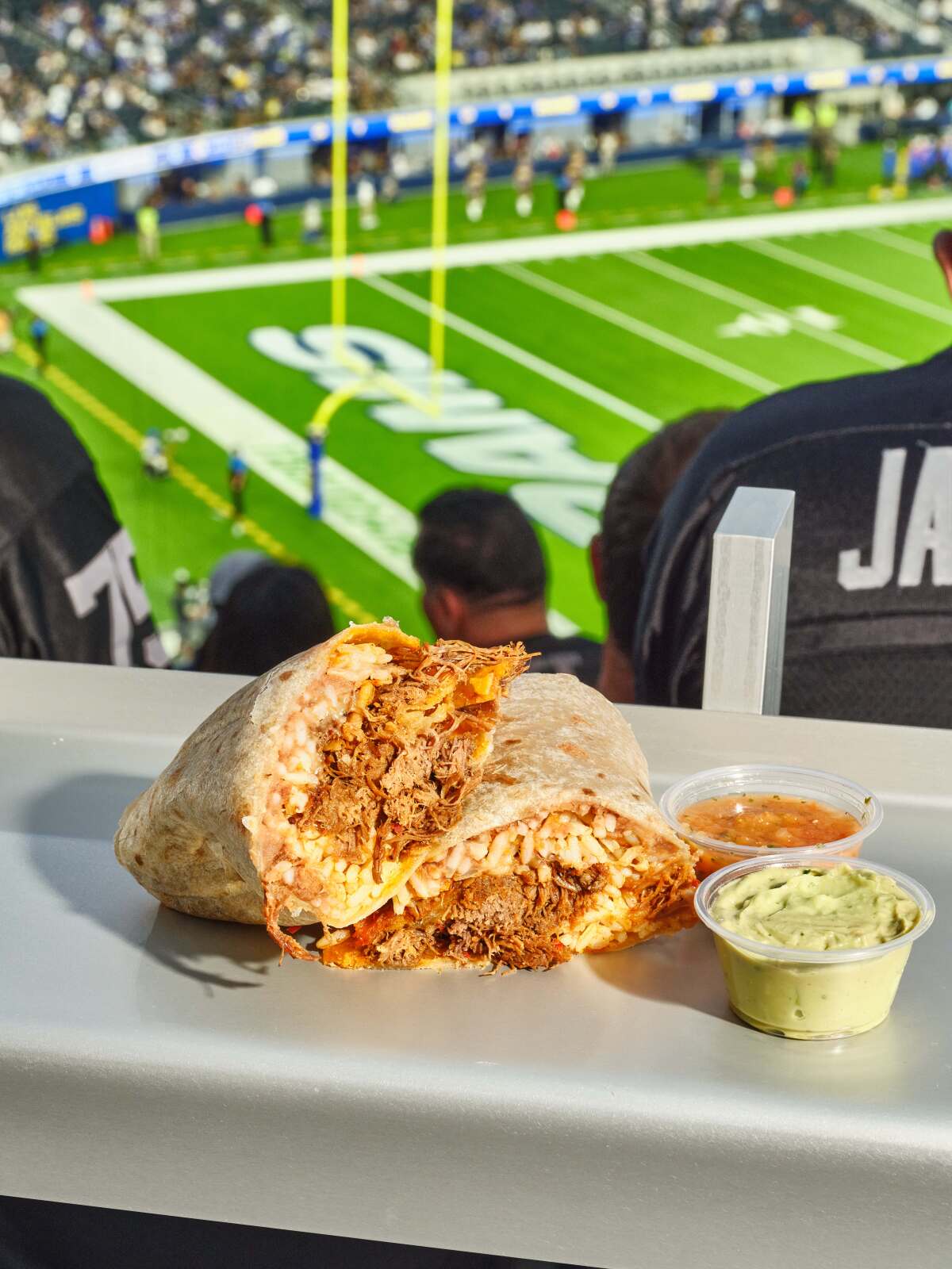 The beef barbacoa burrito at the Olvera Street concession stand at SoFi Stadium.