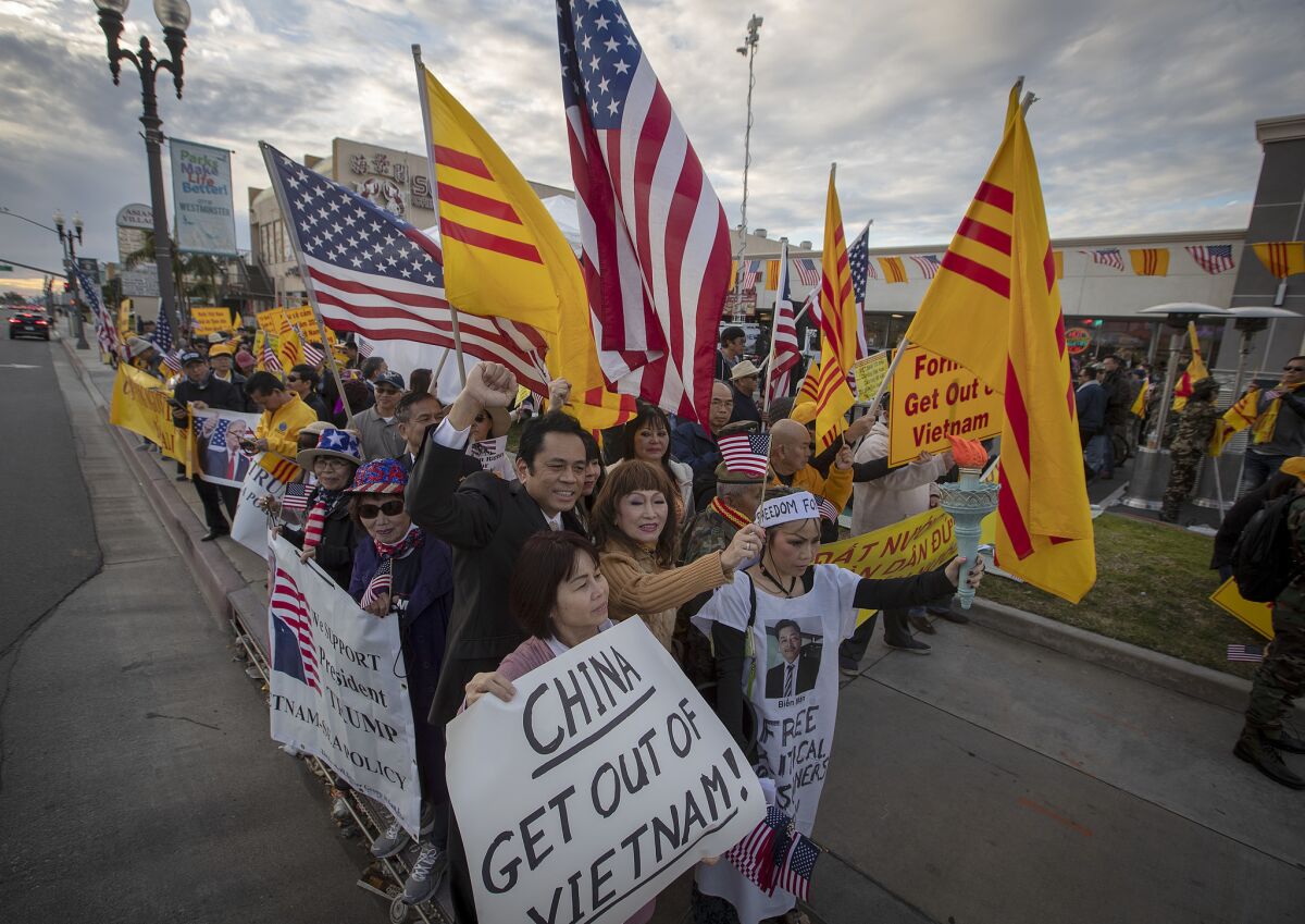 Vietnamese American protesters demonstrate in Westminster over human rights in Vietnam on Feb. 26, 2019. 