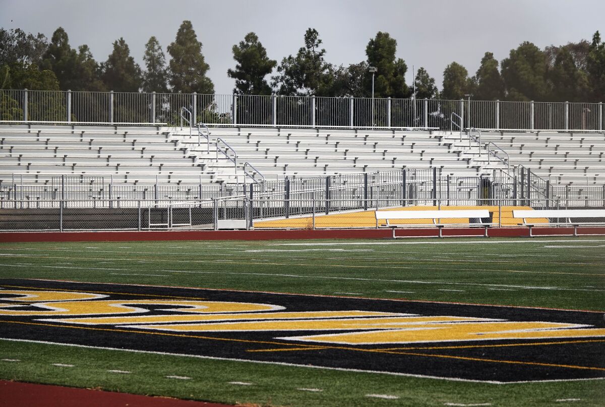 The football field sits empty at Mission Bay High