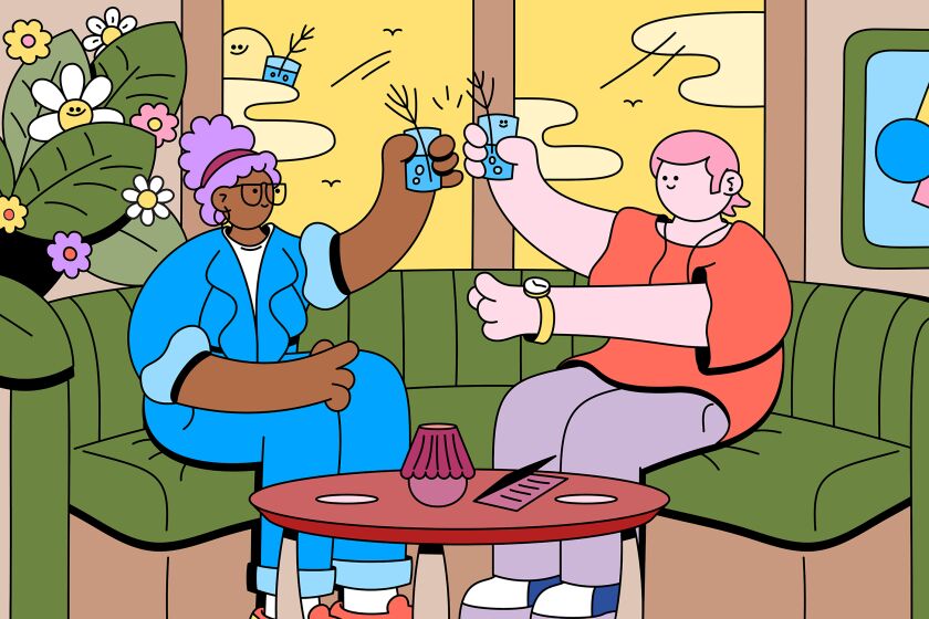An illustration of two people raising their glasses in cheers