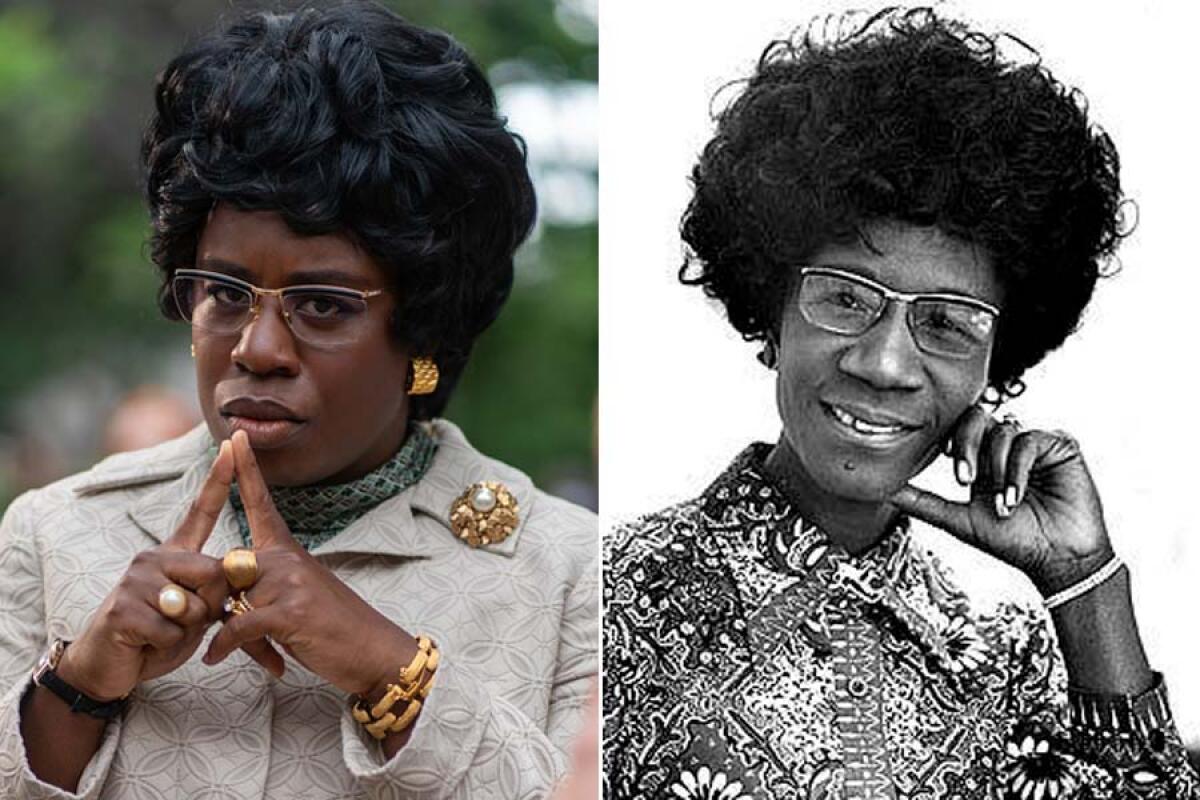 Uzo Aduba, left, as Shirley Chisholm in "Mrs. America," and the real Shirley Chisholm in 1971.