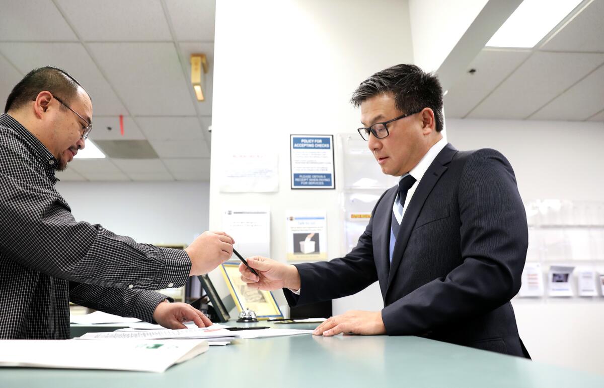 State Treasurer John Chiang files to run for governor of California at the Los Angeles County registrar's office in Norwalk on March 7.