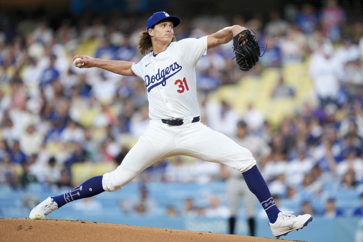 Dodgers starting pitcher Tyler Glasnow throws during the first inning of a game against the Giants