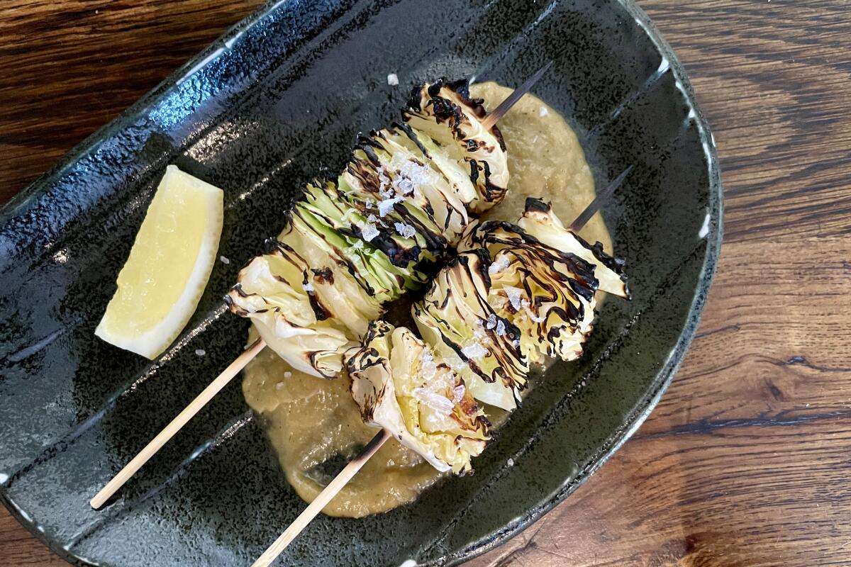 Kyabetsu miso-kushiyaki cabbage skewers with caramelized leek-miso butter from Tsubaki in Echo Park.