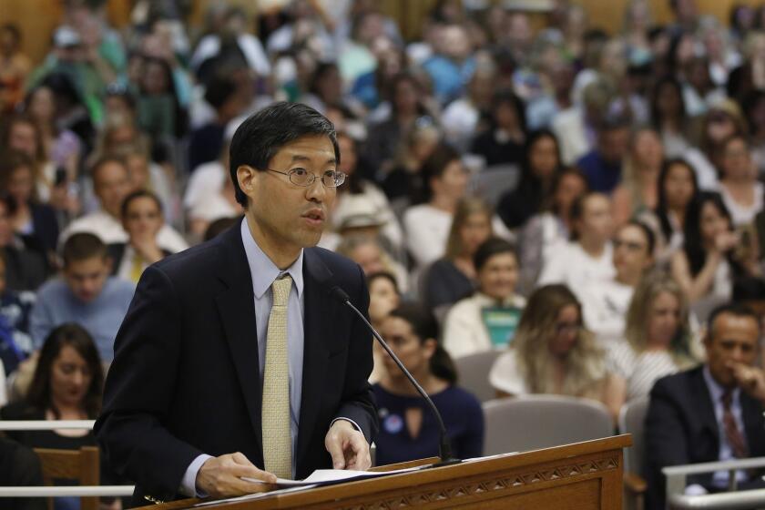 State Sen. Dr. Richard Pan, D-Sacramento, urges lawmakers to approve his proposal to give state public health officials instead of local doctors the power to decide which children can skip their shots before attending school, at the Capitol Wednesday, April 24, 2019, in Sacramento, Calif. Pan, a pediatrician, said his legislation would give state health officials the tools they need to prevent outbreaks of vaccine-preventable diseases like measles. (AP Photo/Rich Pedroncelli)