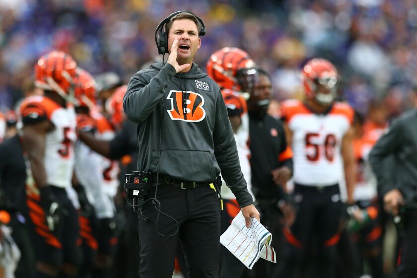 BALTIMORE, MD - OCTOBER 13: Head coach Zac Taylor of the Cincinnati Bengals looks on against the Baltimore Ravens during the second half at M&T Bank Stadium on October 13, 2019 in Baltimore, Maryland. (Photo by Dan Kubus/Getty Images) ** OUTS - ELSENT, FPG, CM - OUTS * NM, PH, VA if sourced by CT, LA or MoD **