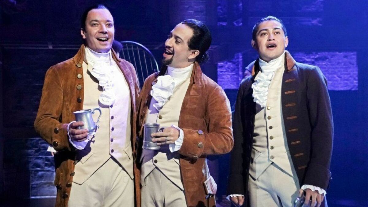 Jimmy Fallon, left, Lin-Manuel Miranda and a member of the cast from the musical "Hamilton" at the Luis A. Ferré Performing Arts Center in San Juan, Puerto Rico.