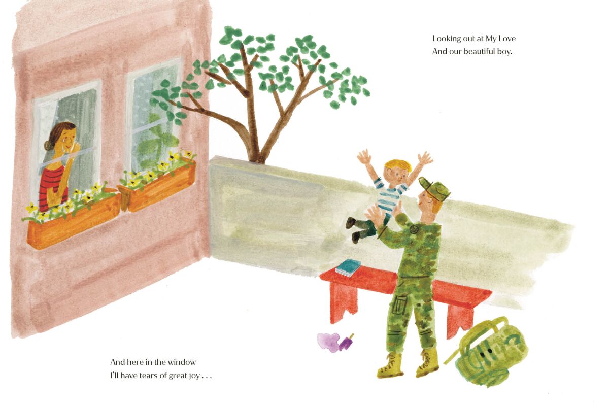 A watercolor shows a woman at a window and a man in camouflage gear tossing a boy in the air.