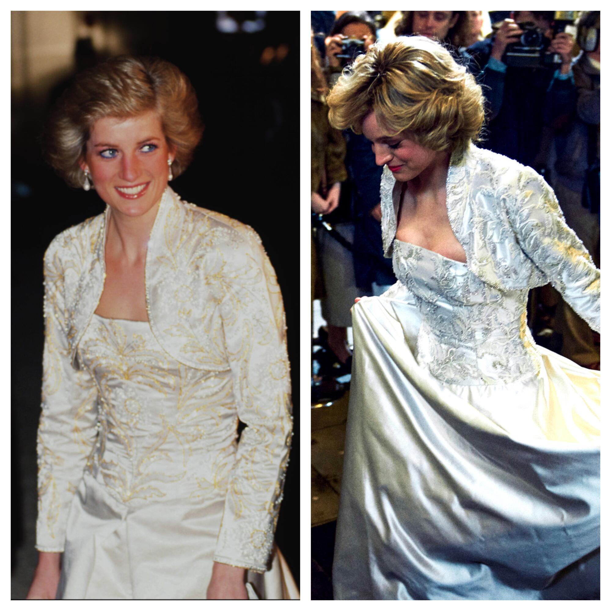 Diana, Princess of Wales, and actress Emma Corrin, who plays her in "The Crown," in a white gown with bolero jacket.