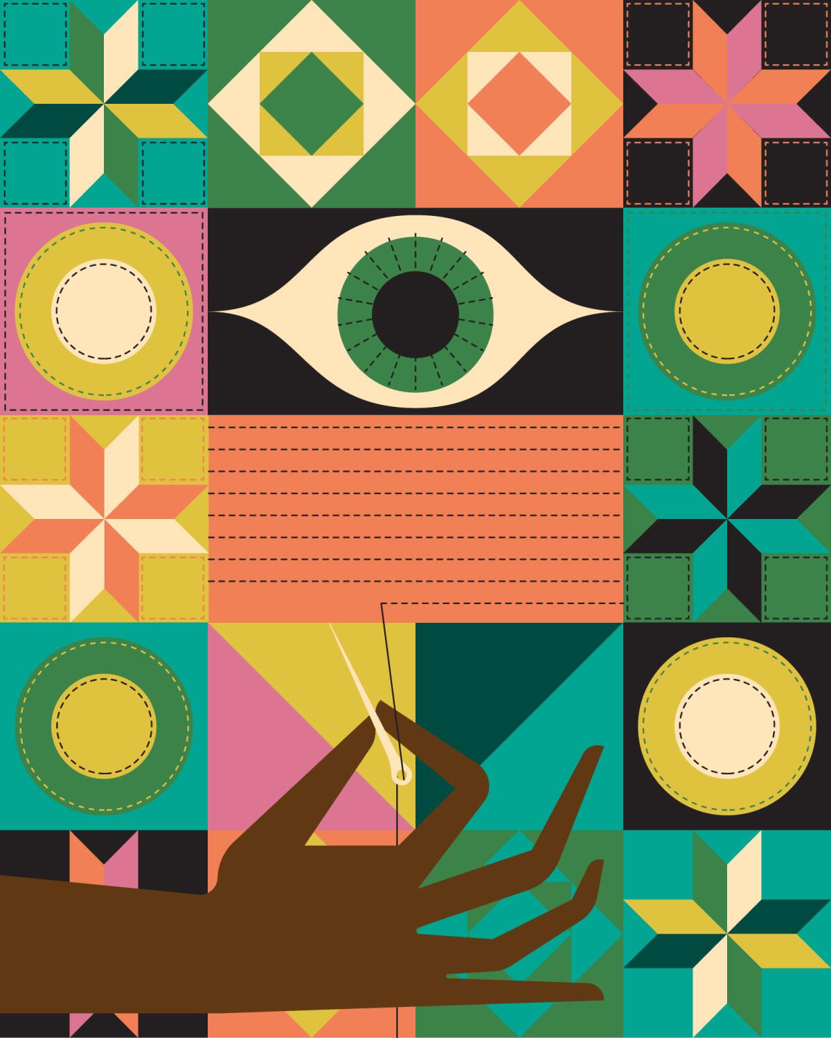 A black hand is silhouetted against a quilt with geometric patterns and an eye.