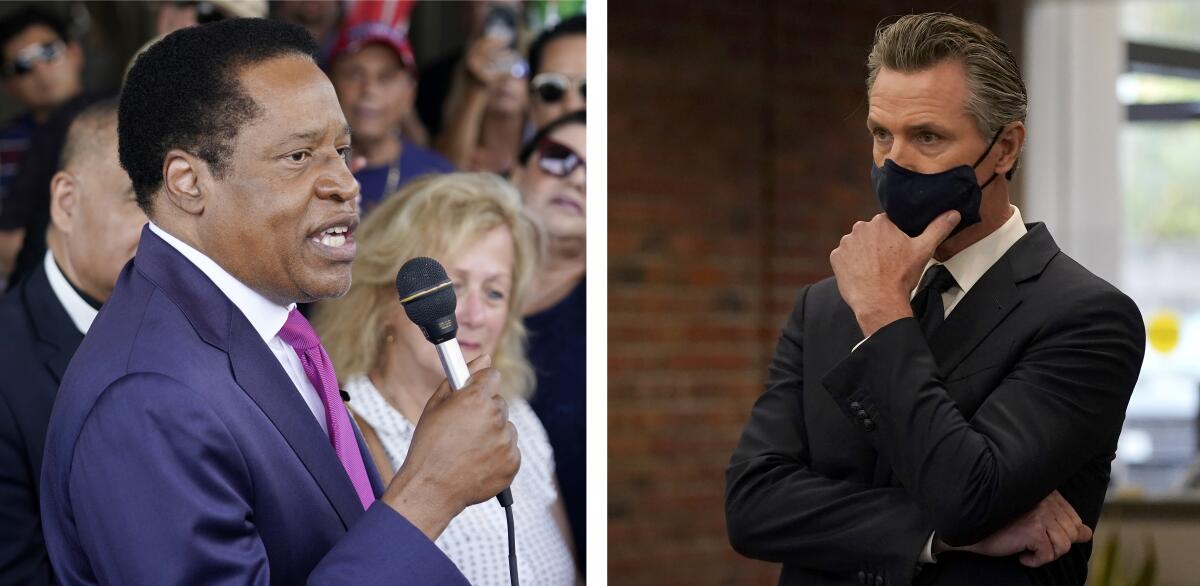 Larry Elder, left, speaks  in Norwalk. Gov. Gavin Newsom, right, listens at a news conference in Oakland.