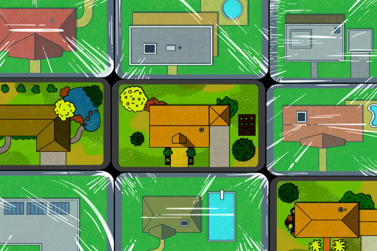 Illustration of aerial view of a neighborhood with several houses and lawns wrapped in plastic wrap