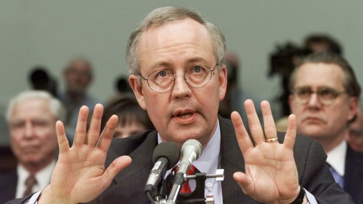 Then-Independent Counsel Kenneth Starr testifies to Congress during the impeachment inquiry into President Clinton in 1998.