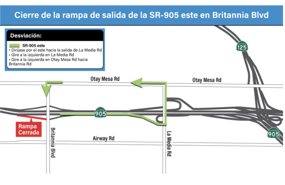 Imagen cedida por Caltrans que muestra la ruta alterna hacia Brittania Blvd durante cierre programado esta semana