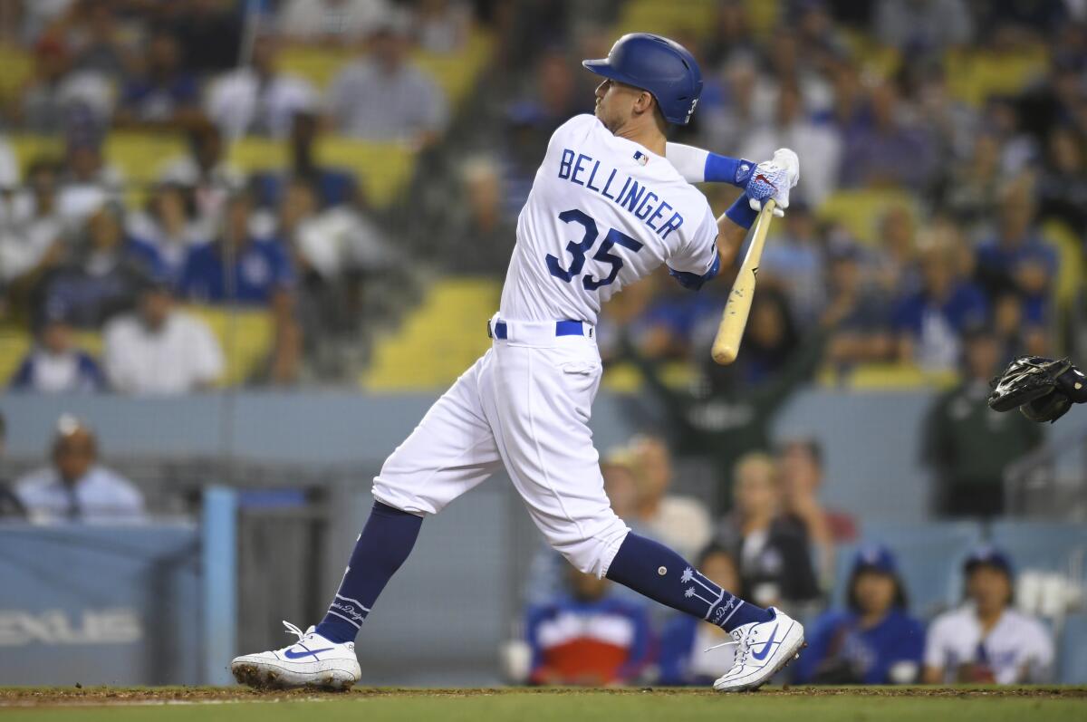 Dodgers outfielder Cody Bellinger hits a solo home run during Wednesday's loss to the Tampa Bay Rays.