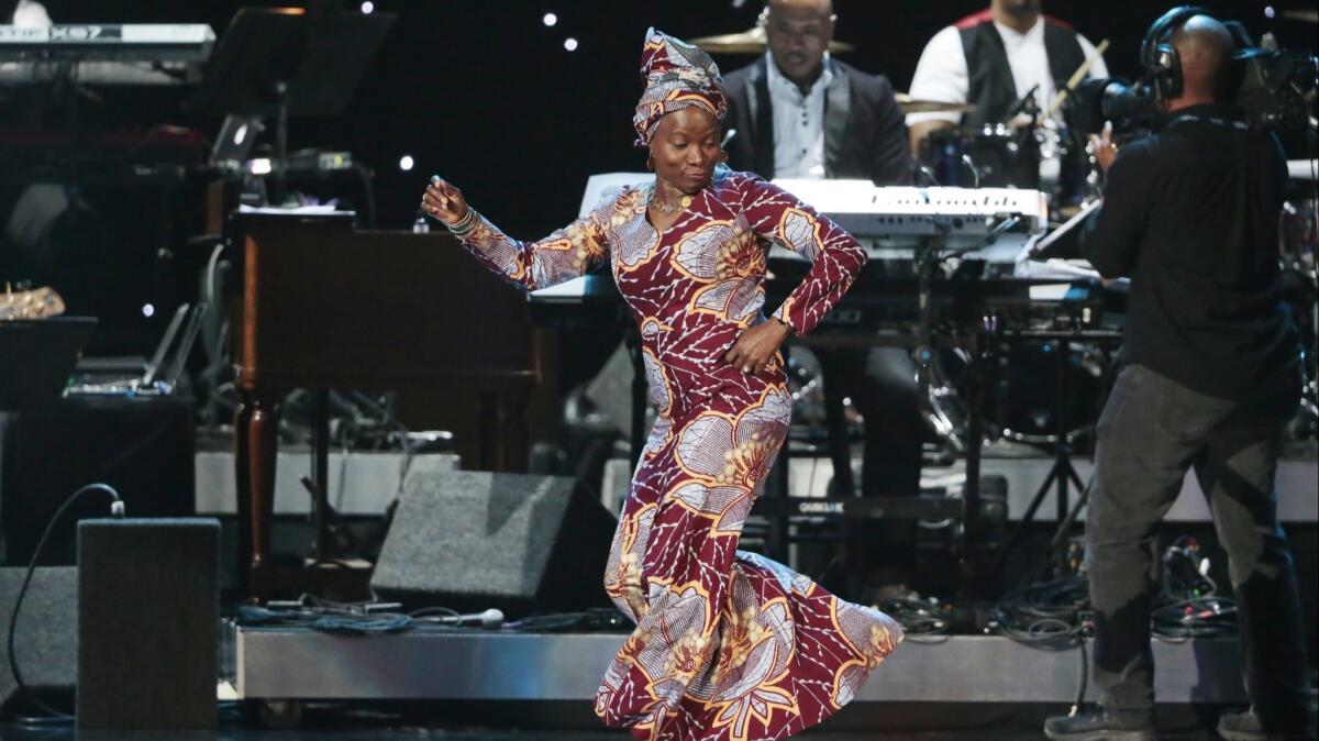 Angelique Kidjo, who will headline the Playboy Jazz Festival, performs in 2015 at the pre-telecast show for the 57th Grammy Awards in Los Angeles.