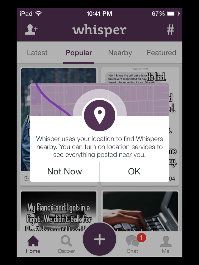 A screenshot of Whisper shows a pop-up box asking whether to turn on location tracking.