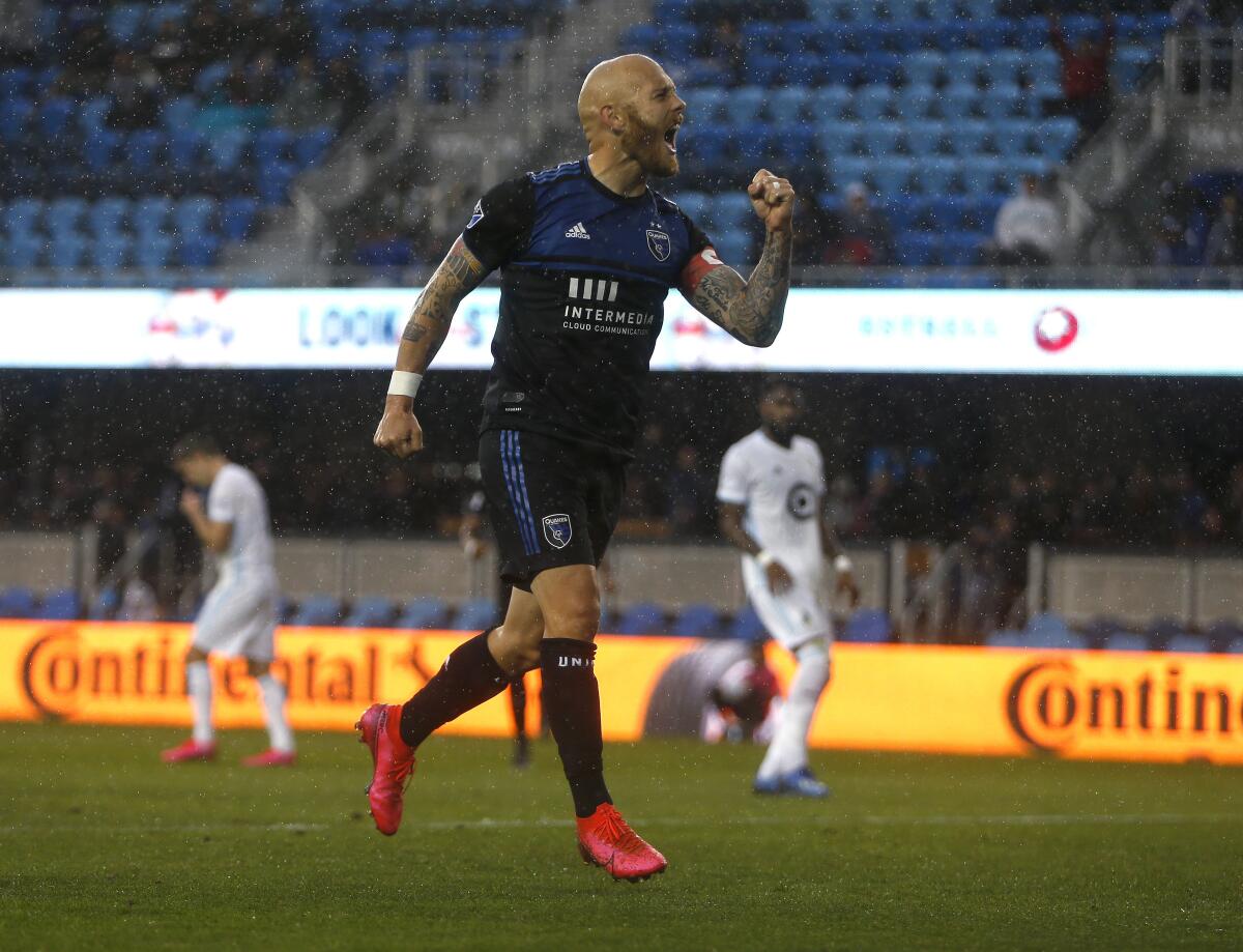The Earthquakes' Magnus Eriksson celebrates his goal against Minnesota United FC on March 20 in San Jose.