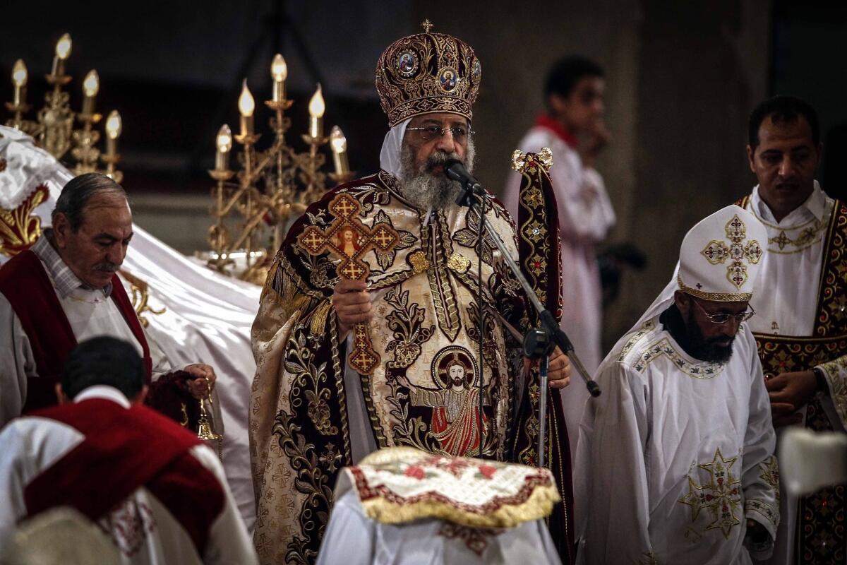 Pope Tawadros II, leader of Egypt's Coptic Church, leads an Easter service at the Cathedral of Abbasiya in Cairo.