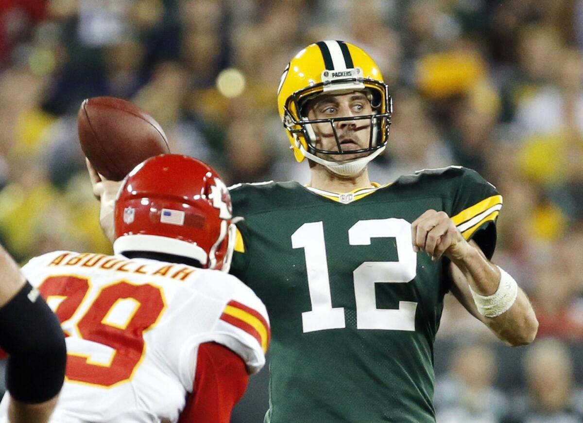 Green Bay quarterback Aaron Rodgers throws against Kansas City on Monday night.