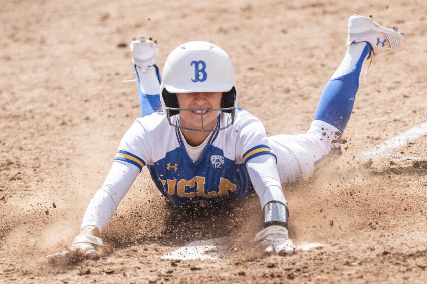 UCLA sophomore Briana Perez slides in to home plate scoring the Bruin's only run of game one of the NCAA Los Angeles Regional Championship at Easton Stadium on Sunday, May 19, 2019. UCLA lost 5-1 to Missouri sending the teams into a rematch later in the day.
