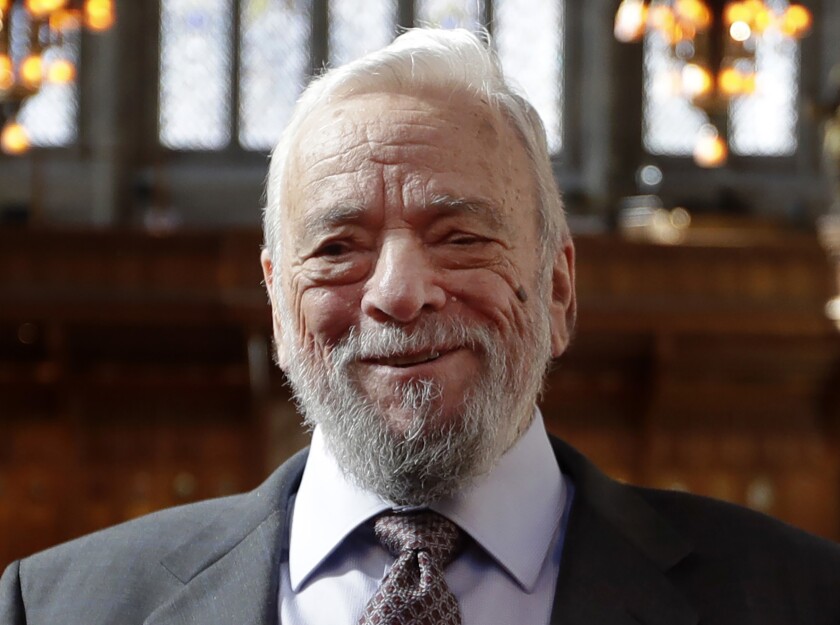 Stephen Sondheim poses after being awarded the Freedom of the City of London at the Guildhall in London, on Sept. 27, 2018. 