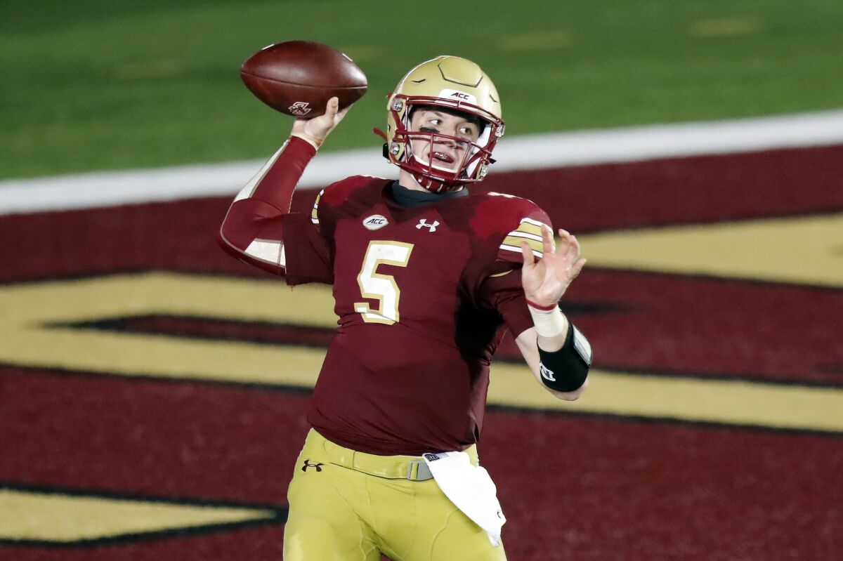 FILE - In this Sept. 26, 2020, file photo, Boston College quarterback Phil Jurkovec passes during an NCAA college football game against Texas State in Boston. The Eagles will return 20 starters from last season, among them Phil Jurkovec at quarterback. (AP Photo/Michael Dwyer, File)