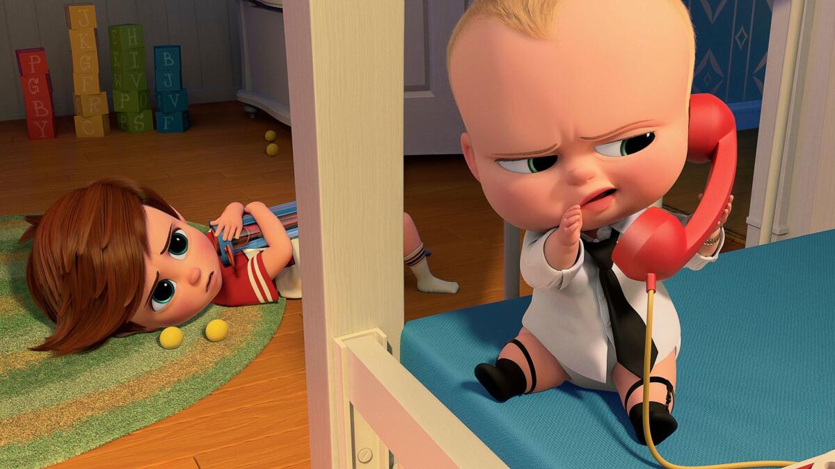 Tim, voiced by Miles Bakshi, and Boss Baby, voiced by Alec Baldwin, in a scene from Fox and DreamWorks Animation's new film.