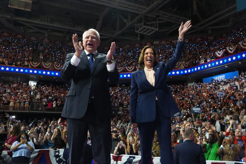 PHILADELPHIA, PENNSYLVANIA - AUGUST 6: Democratic presidential candidate, U.S. Vice President Kamala Harris and Democratic vice presidential candidate Minnesota Gov. Tim Walz appear on stage together during a campaign event at Girard College on August 6, 2024 in Philadelphia, Pennsylvania. Harris ended weeks of speculation about who her running mate would be, selecting the 60-year-old midwestern governor over other candidates. (Photo by Andrew Harnik/Getty Images)