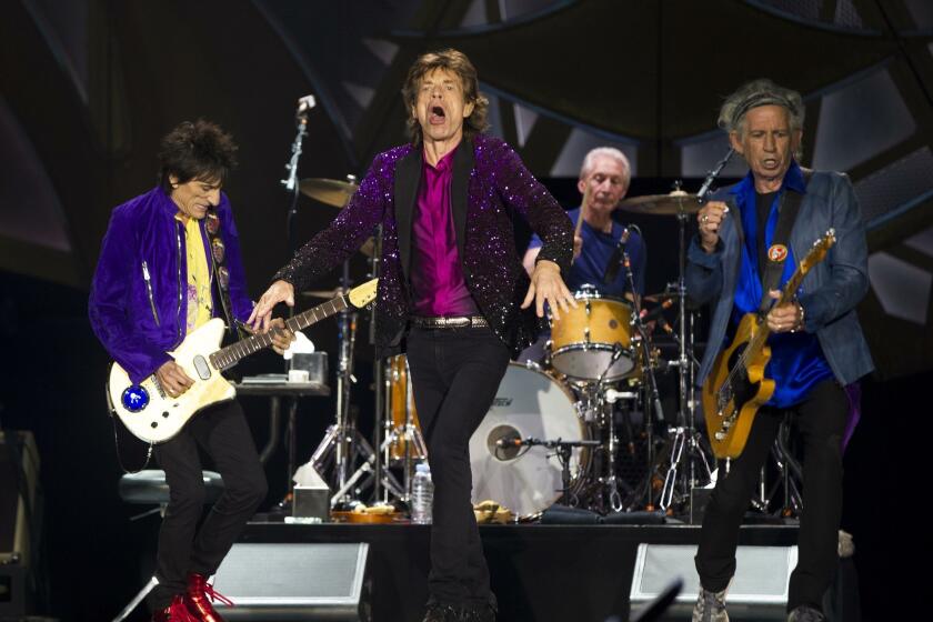 The Rolling Stones are shown performing at the opening show of their 2015 “Zip Code” tour at San Diego’s Petco Park. The fabled band will return to San Diego in May to open its 2020 “No Filter” tour at SDCCU Stadium in Mission Valley. Pictured above are, from left, Ron Wood, Mick Jagger, Charlie Watts and Keith Richards.