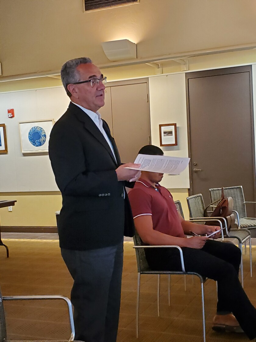 San Diego City Councilman Joe LaCava addresses the La Jolla Village Merchants Association board July 13.