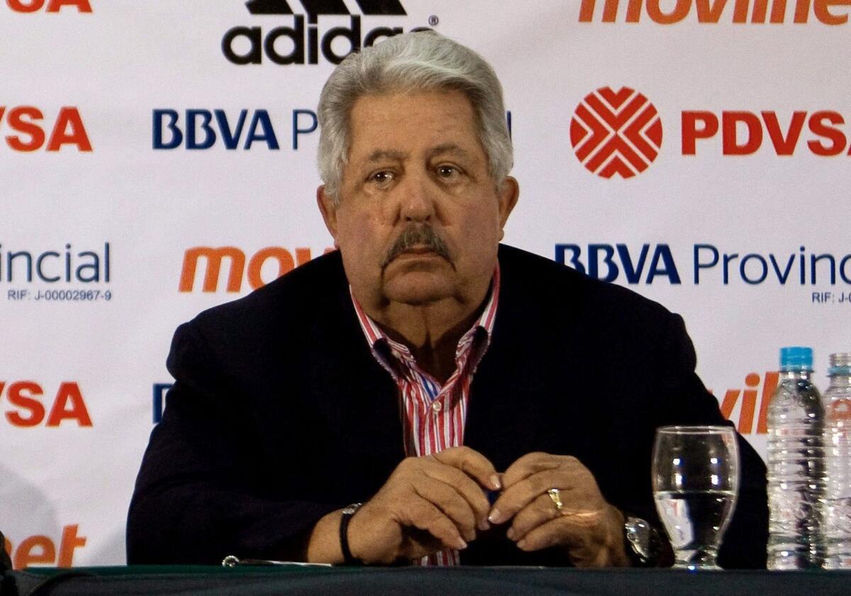 May 2012 photo of President of the Venezuelan Soccer Federation Rafael Esquivel during a press conference in Caracas, Venezuela. Esquivel, currently also CONMEBOL executive committee member, is among nine football officials indicted on corruption charges the United States Justice department confirmed 27 May 2015.