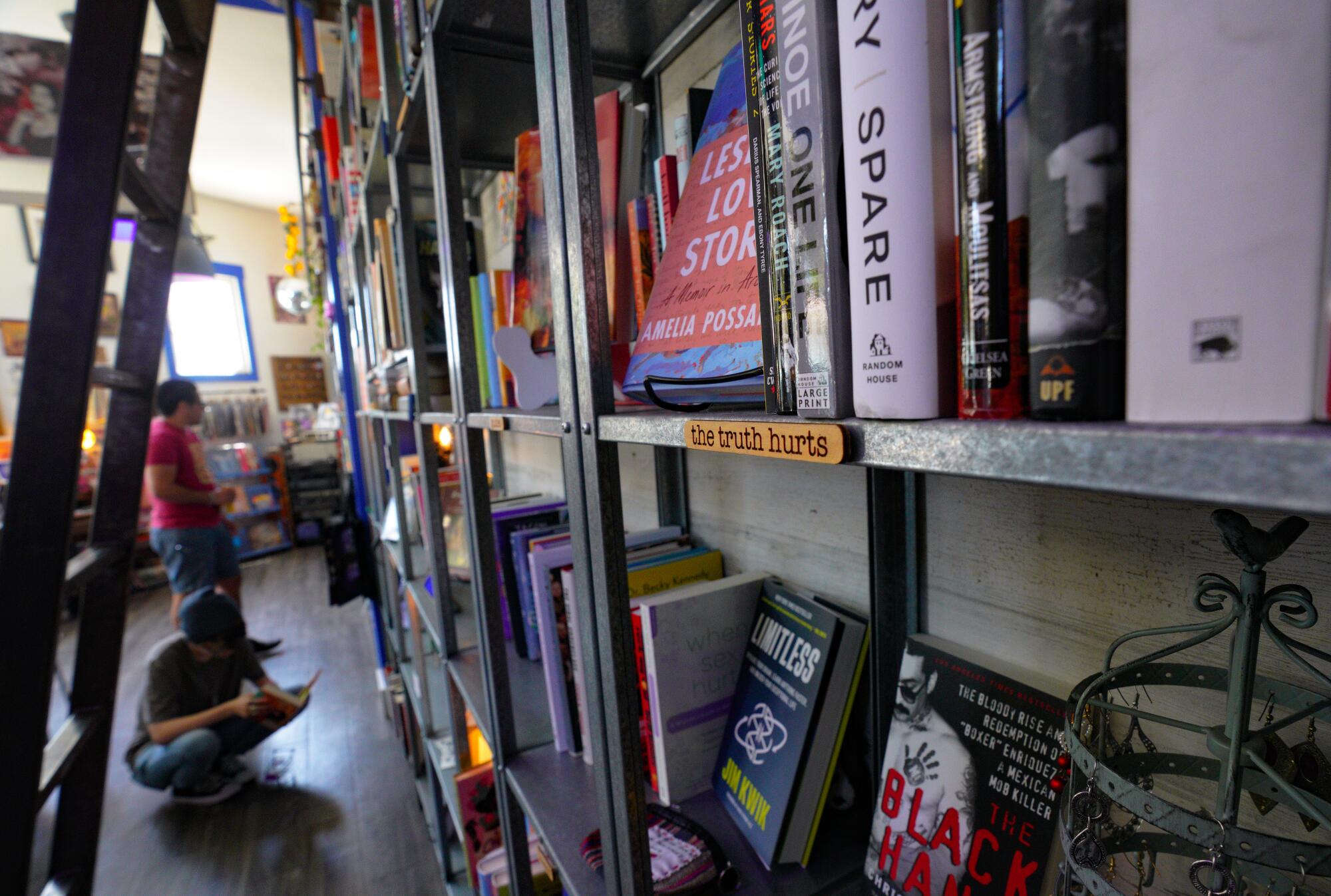 Book shelving labels at the Libélula bookstore, a 700-square-foot space in the Barrio Logan Community in San Diego, CA.