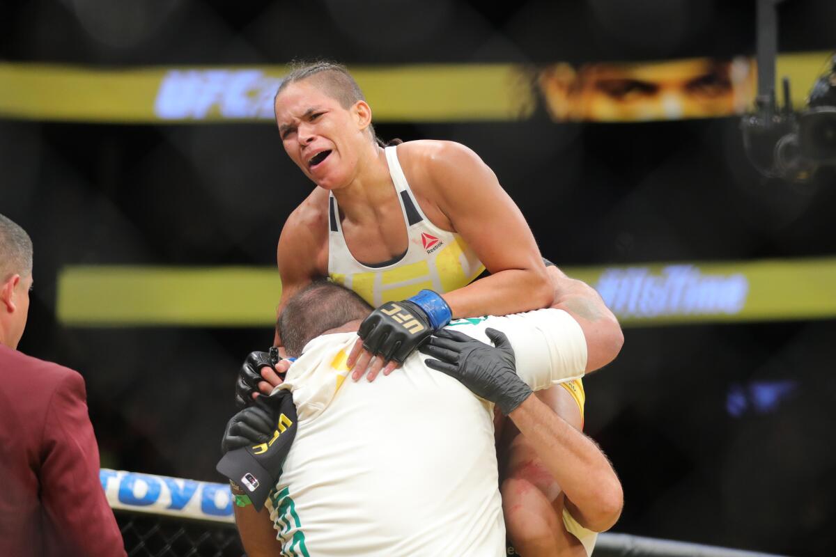 Amanda Nunes celebrates her victory over Miesha Tate at the UFC 200 on July 9.