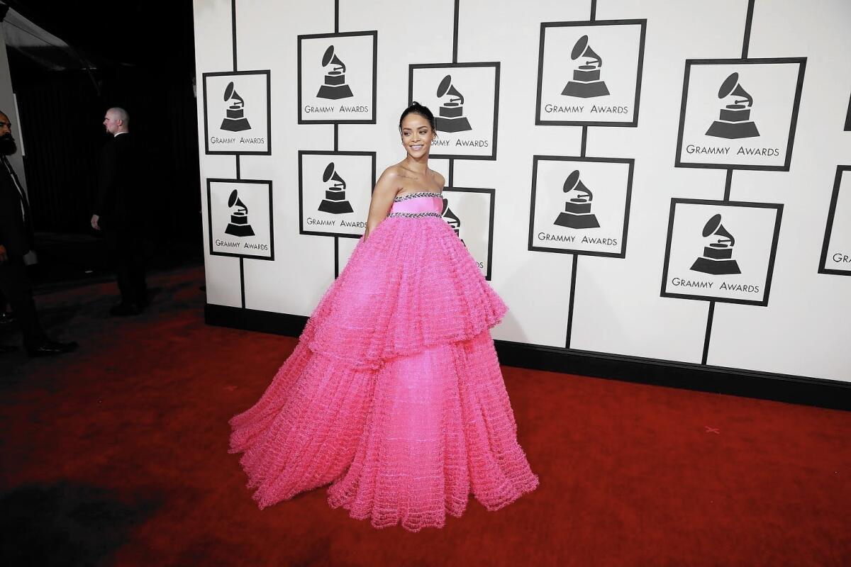 Rihanna's enormous pouf of pink by Giambattista Valli makes for a fairy-tale entrance at the Grammys in February.