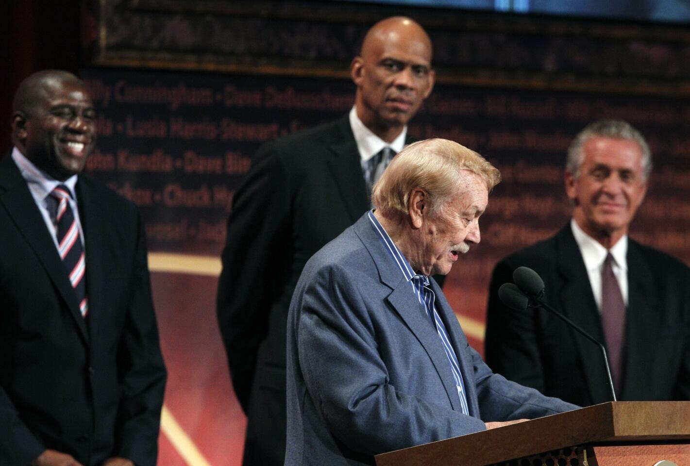 Jerry Buss, Magic Johnson, Kareem Abdul Jabbar, Pat Riley