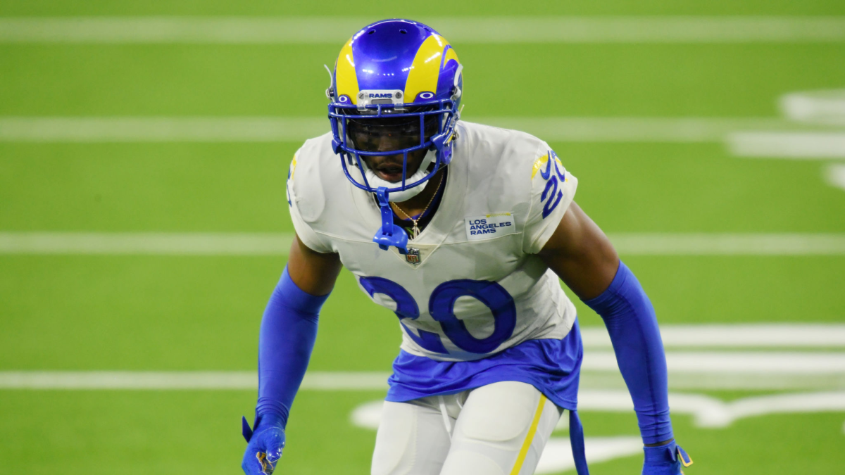 Los Angeles Rams cornerback Jalen Ramsey (5) grabs the jersey of