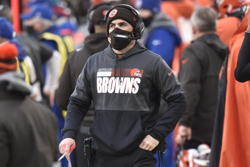 Cleveland Browns head coach Kevin Stefanski looks on during the second half of an NFL football game against the Pittsburgh Steelers, Sunday, Jan. 3, 2021, in Cleveland. (AP Photo/David Richard)