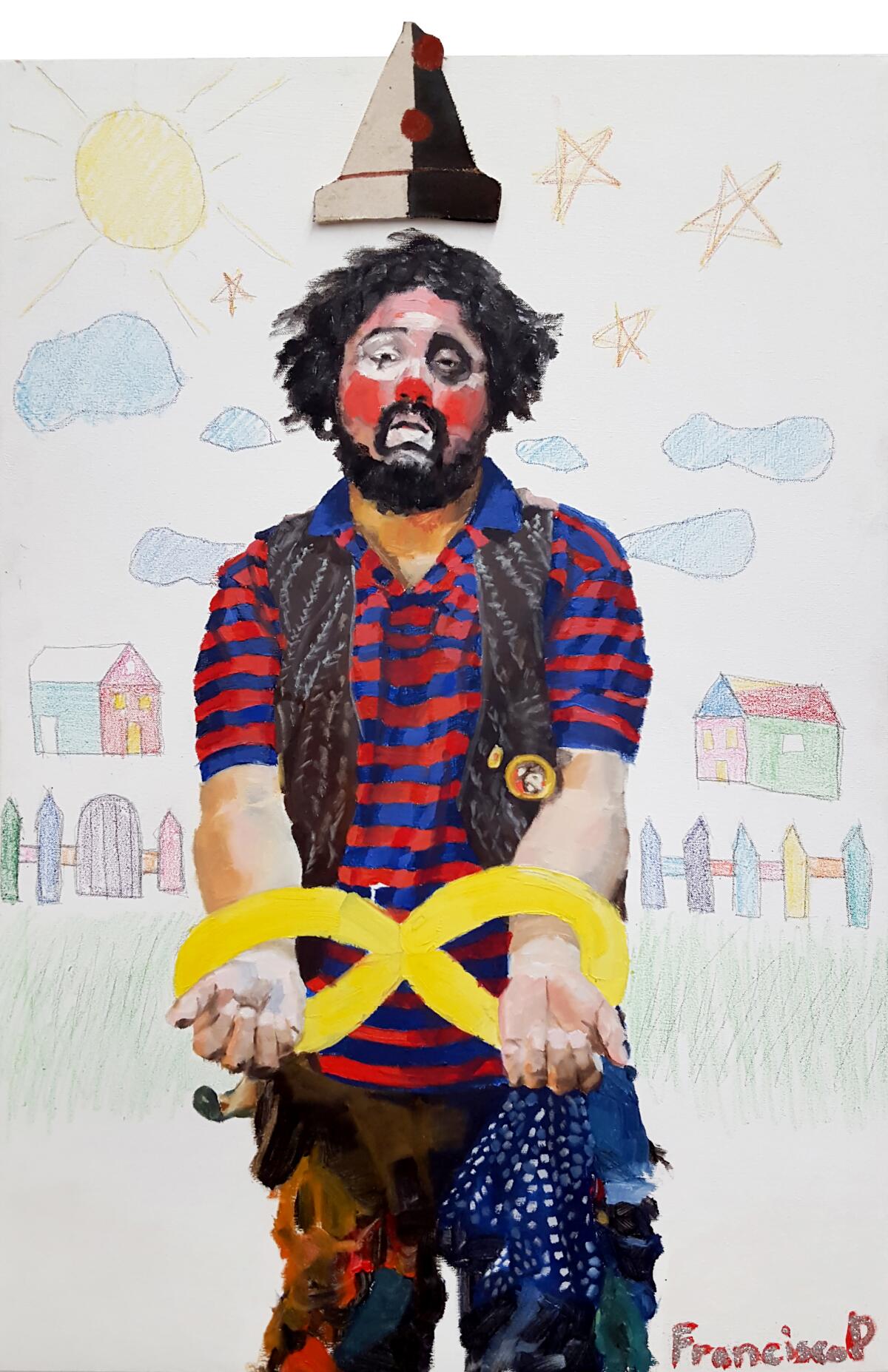 "Loco Coco Trapped in Reality," a painting of a man with clown makeup and hands bound, on a background of childish drawings.