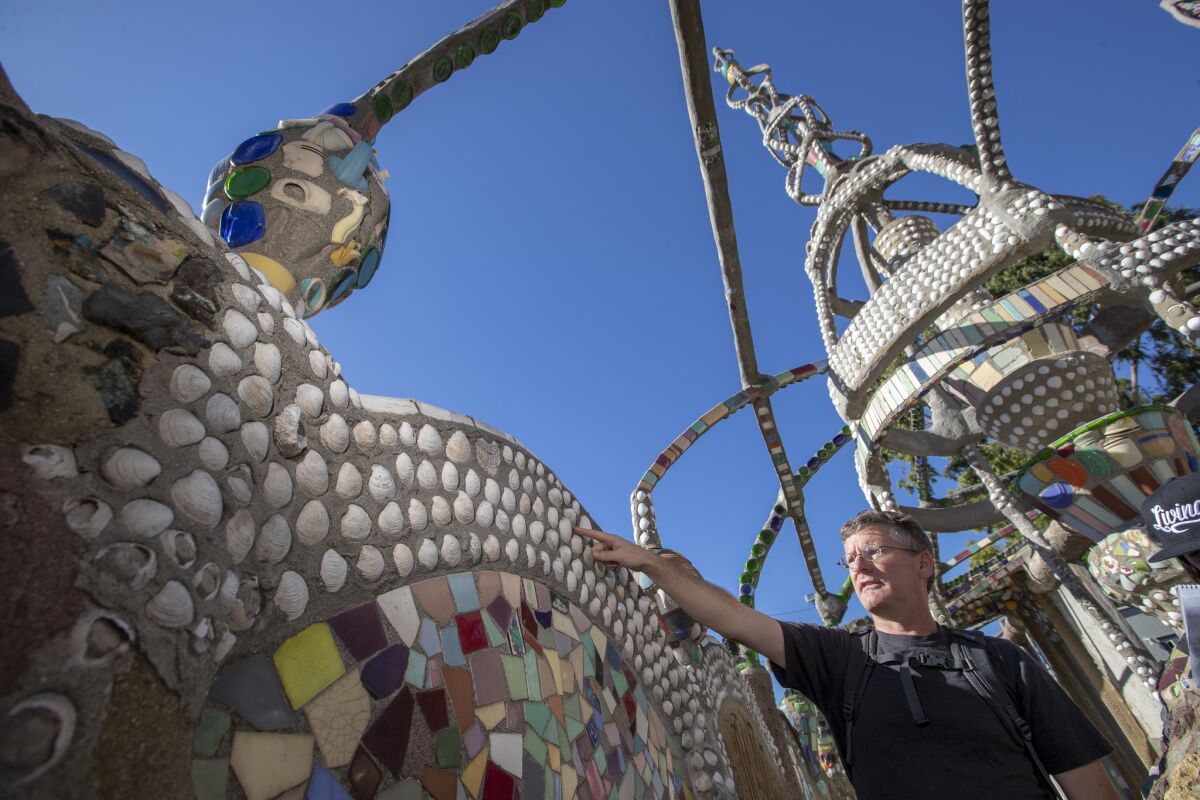 Bruno Pernet, a marine biologist at Cal State Long Beach, has identified 34 species of shells among the decorations of the Watts Towers.