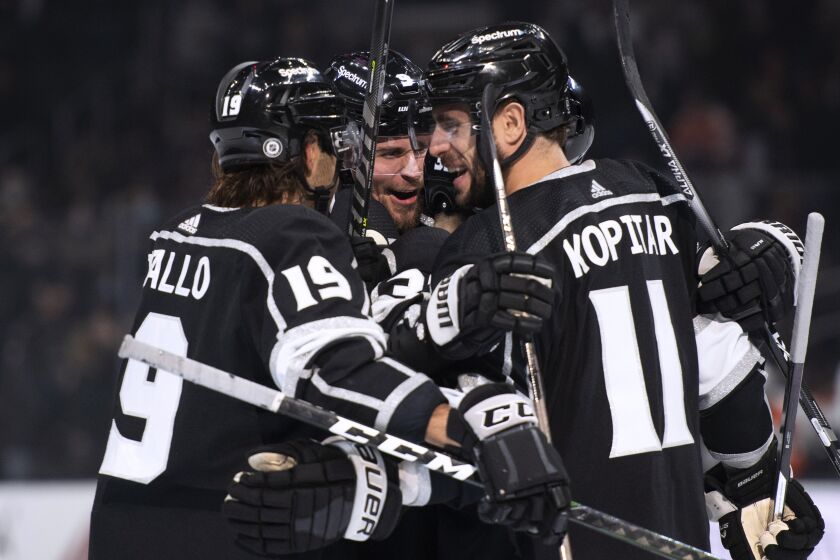 Los Angeles Kings celebrate a goal by center Adrian Kempe (9) during the second period.