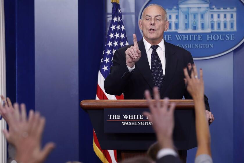 Mandatory Credit: Photo by SHAWN THEW/EPA-EFE/REX/Shutterstock (9159460j) John Kelly White House Chief of Staff John Kelly takes questions during the White House daily briefing, Washington, USA - 19 Oct 2017 White House Chief of Staff John Kelly takes a question from the news media during the White House daily briefing at the White House in Washington, DC, USA, 19 October 2017. Kelly responded to several questions from the news media on the President Trump's condolence call to the wife of a fallen service member in Niger. ** Usable by LA, CT and MoD ONLY **