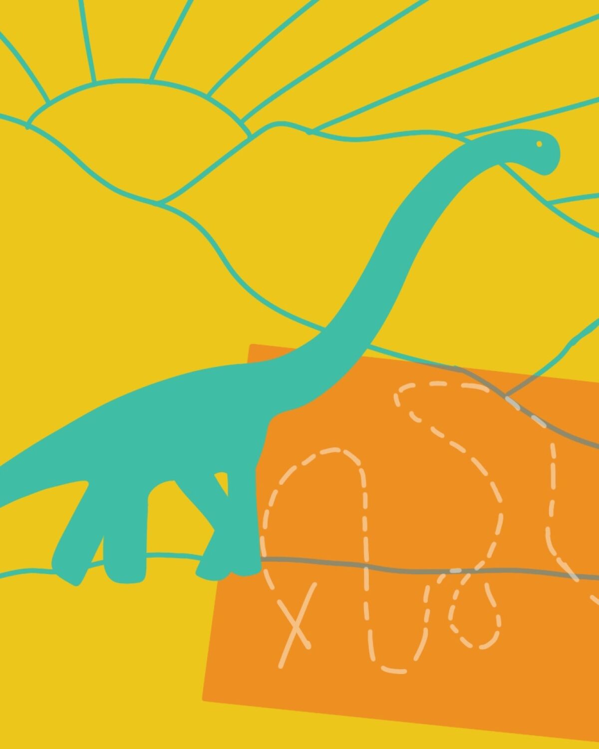 Illustration of dinosaur walking through mountains and sunshine and an illustrated map of Wyoming.