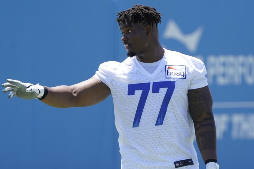 Los Angeles Chargers offensive lineman Zion Johnson during an NFL football rookie mini camp.