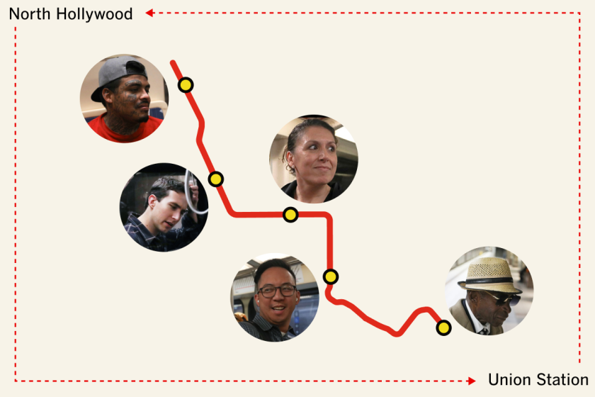 Five subway riders are pictured off of an illustration of the B Line in L.A.